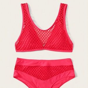 High waisted mesh overlay swim suit
